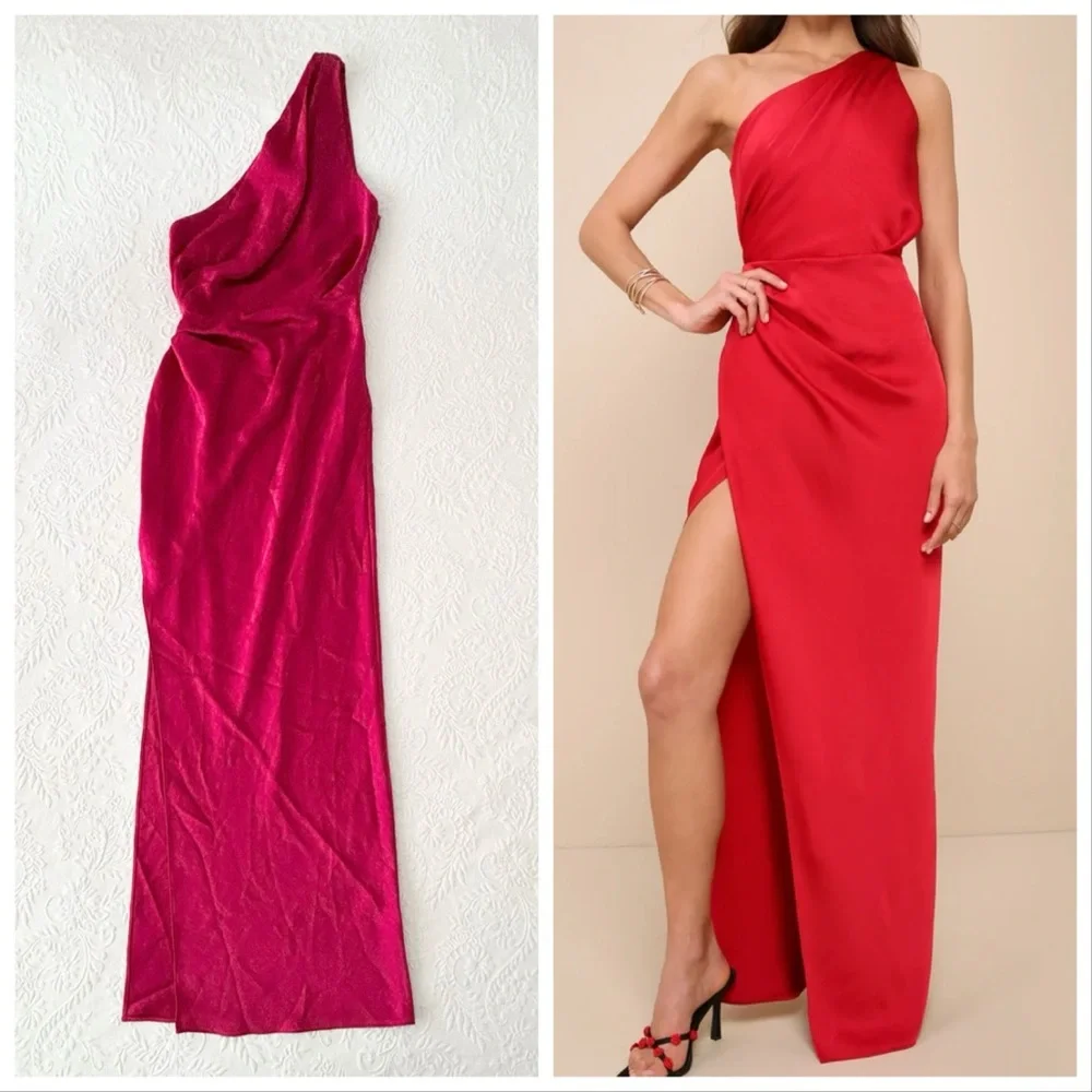 NWOT Lulus Mesmerizing Aura Red Satin One-Shoulder Tulip Maxi Dress Small - Picture 1 of 7